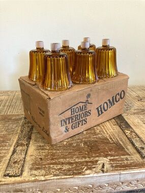 6 Vintage Homco Flic-A-Lite Amber Ribbed Cut Pegged Votive Candle Holders